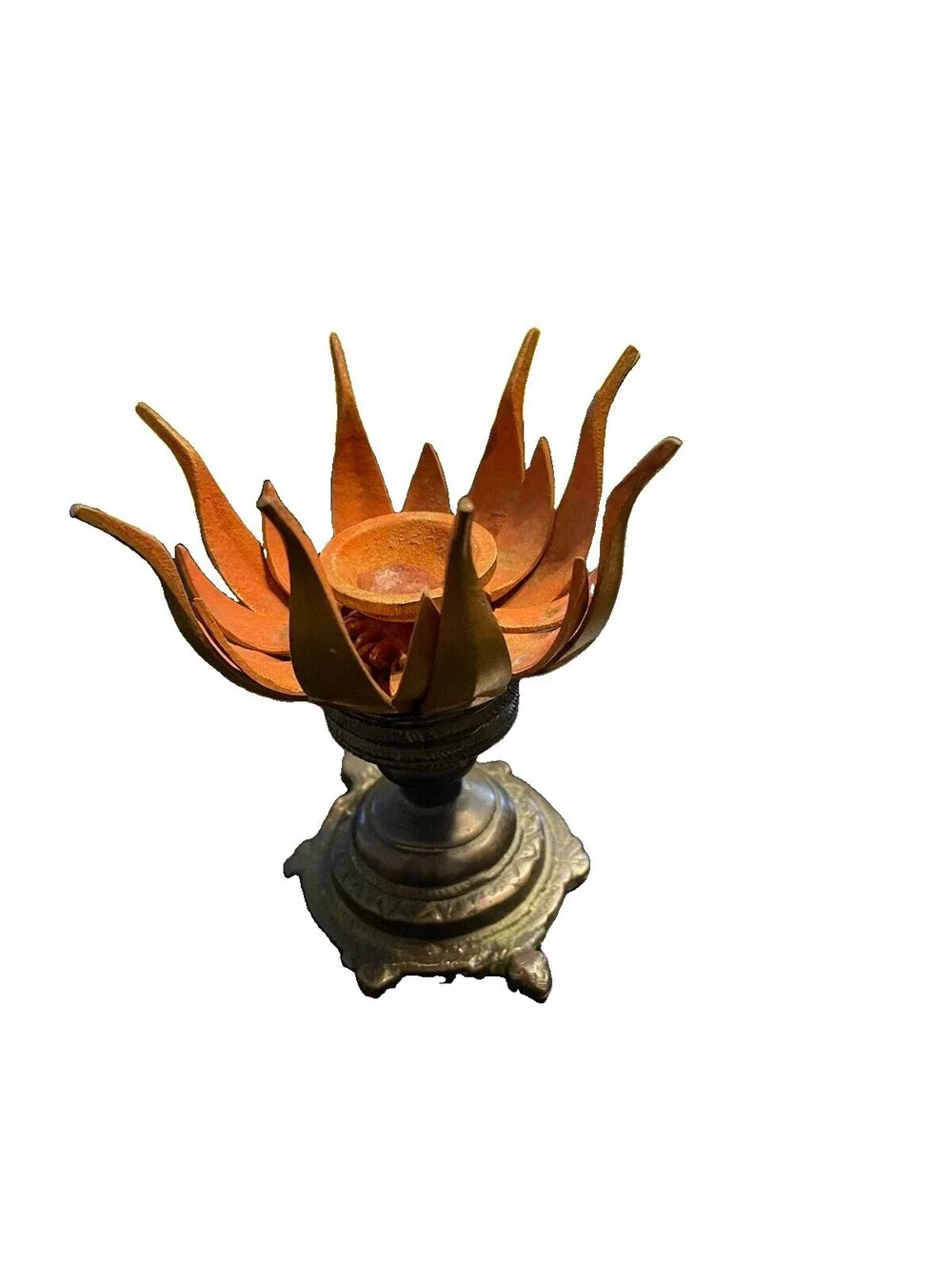 Bronze Candle Holder Opens As Lotus Flower Tortoise Base Heavy Adjustable Patina